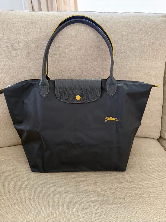 Longchamp Handbags - Longchamp Dark Grey Tote with Yellow Trim and Logo